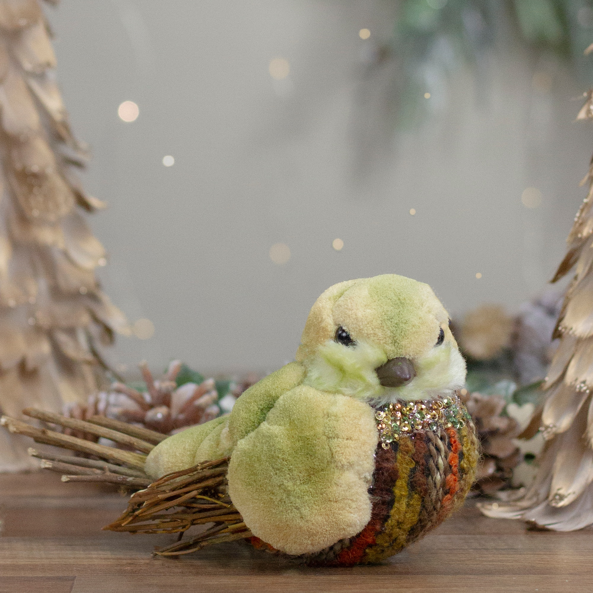 8.5" Green & Brown Autumn Harvest Tabletop Bird With Sequins